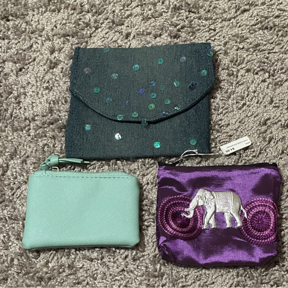 Coin Purses Bundle Denim with Sequins, Blue Zipper Pouch, and Purple Elephant